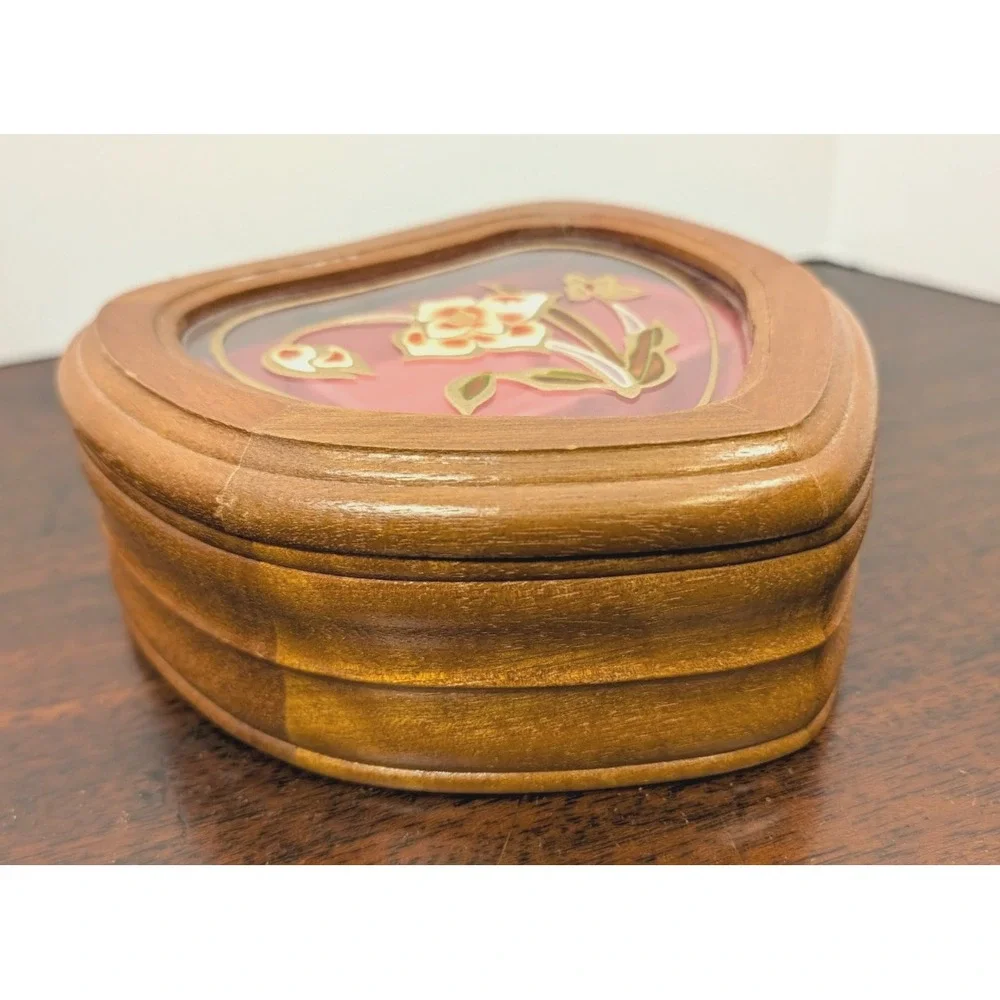 Vintage 1970s Mele Wooden Jewelry Box Floral Glass Lid Red Velvet Heart Taiwan